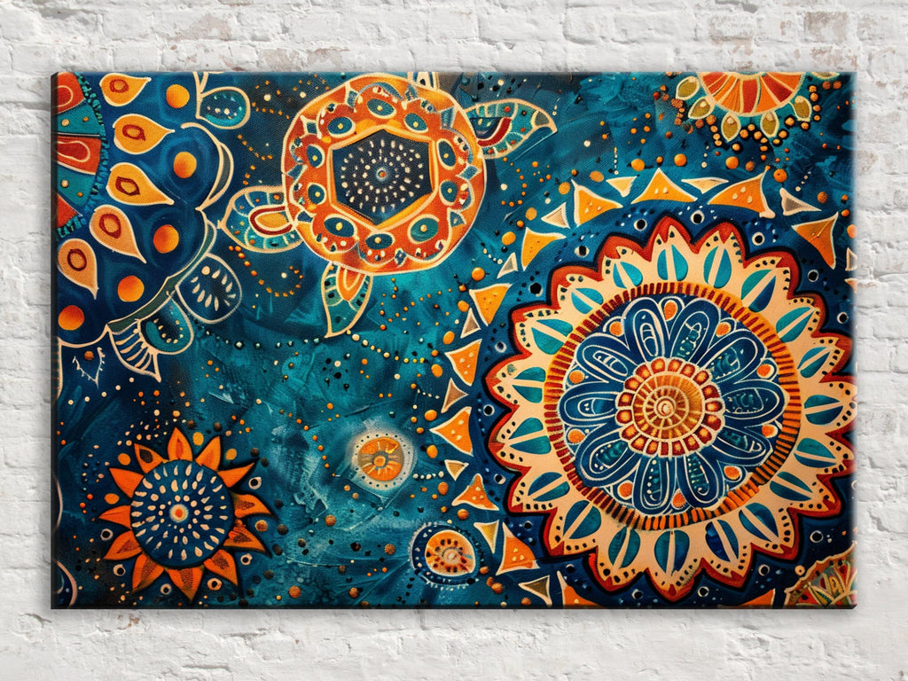 Boho Water Canvas - Extra Large Gallery Wrapped Art With Blue Orange Water Pattern