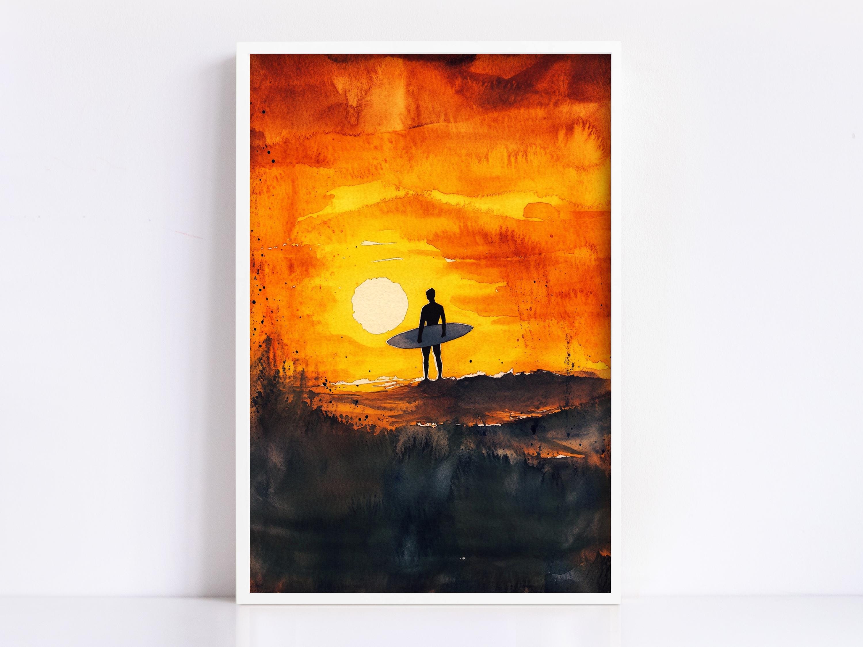 A watercolor painting depicting a surfer silhouetted against a vibrant sunset sky.