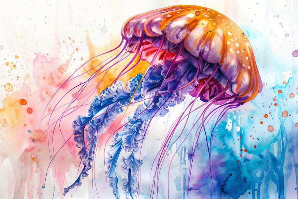 Vibrant Floating Jellyfish Watercolor, Coastal Art, Giclee Print on Canvas, Artist Paper, Watercolor Paper, Available in Extra Large Sizes