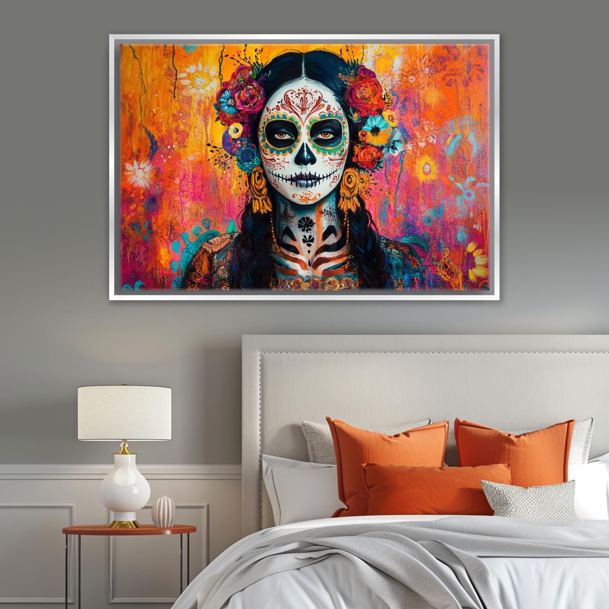 Mexican Sugar Skull Art - Extra Large Framed Canvas Print | Vibrant Día de Muertos Decor
