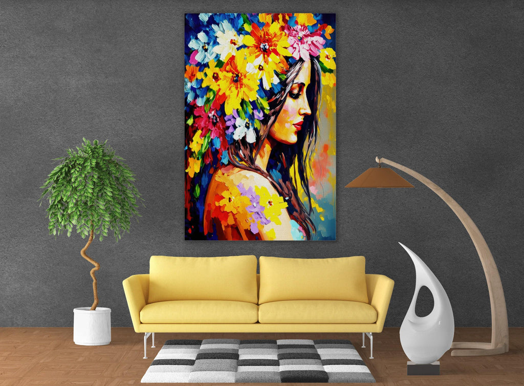 Floral Portrait Canvas - Woman Flower Hair Large Canvas Print | Feminine Home Decor