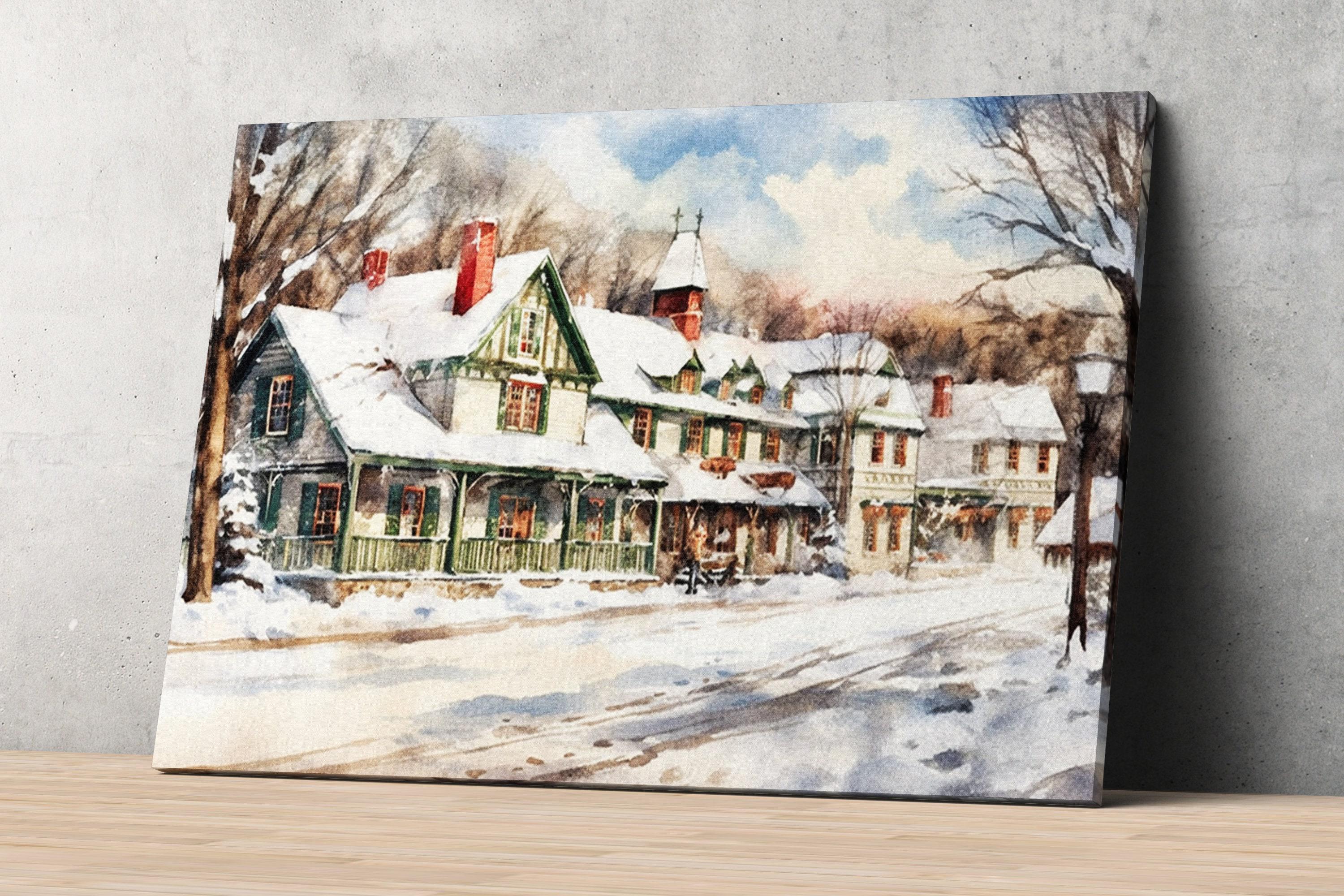 Traditional Christmas Scene Watercolor Art - Snowy Winter, Print on Canvas, Artist Paper, Watercolor Paper, Available in Extra Large Sizes