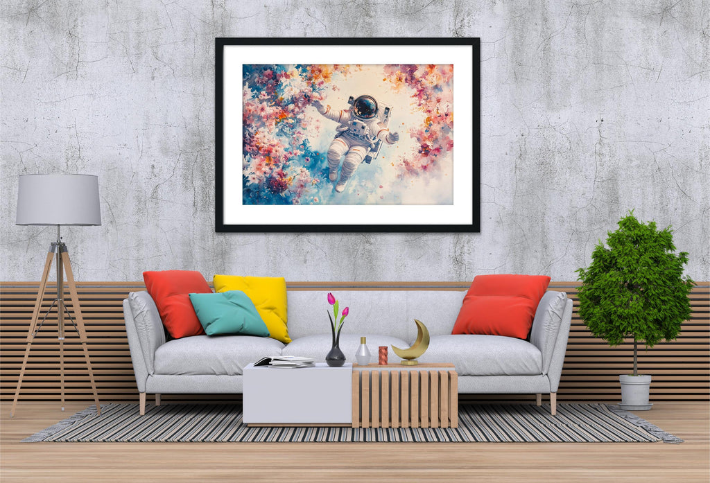 a cozy living room with a gray sofa adorned with colorful throw pillows, a wooden coffee table, and a framed picture of an astronaut floating in a colorful, floral-filled space.