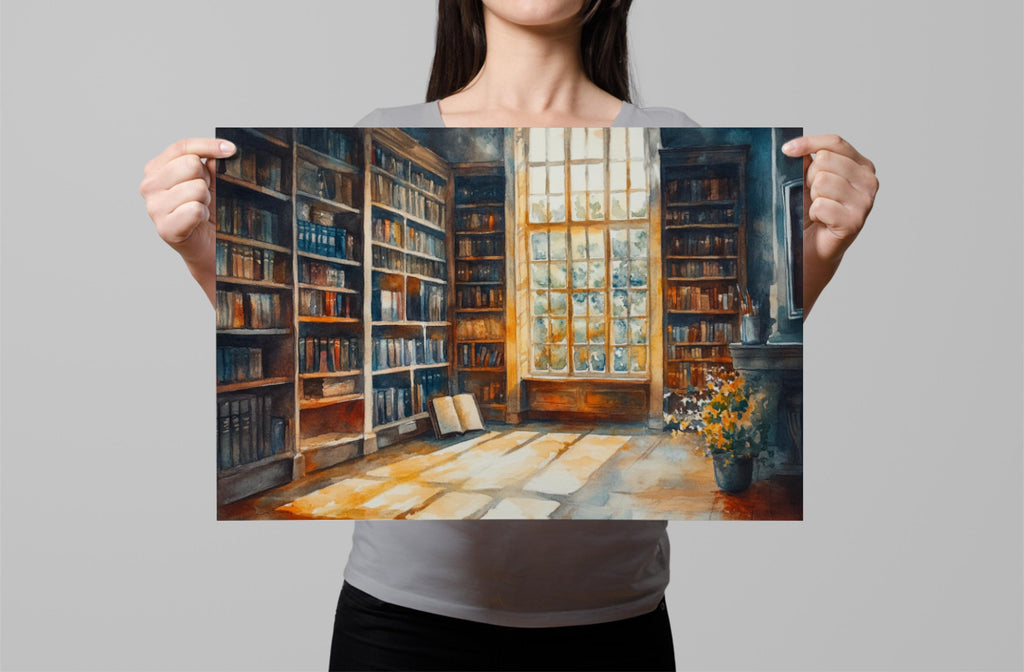 A woman holds up a framed painting depicting a cozy library scene with bookshelves, a large window, and a potted plant.