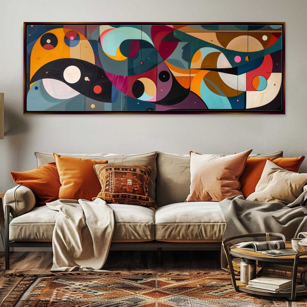 a living room with a couch and a painting on the wall