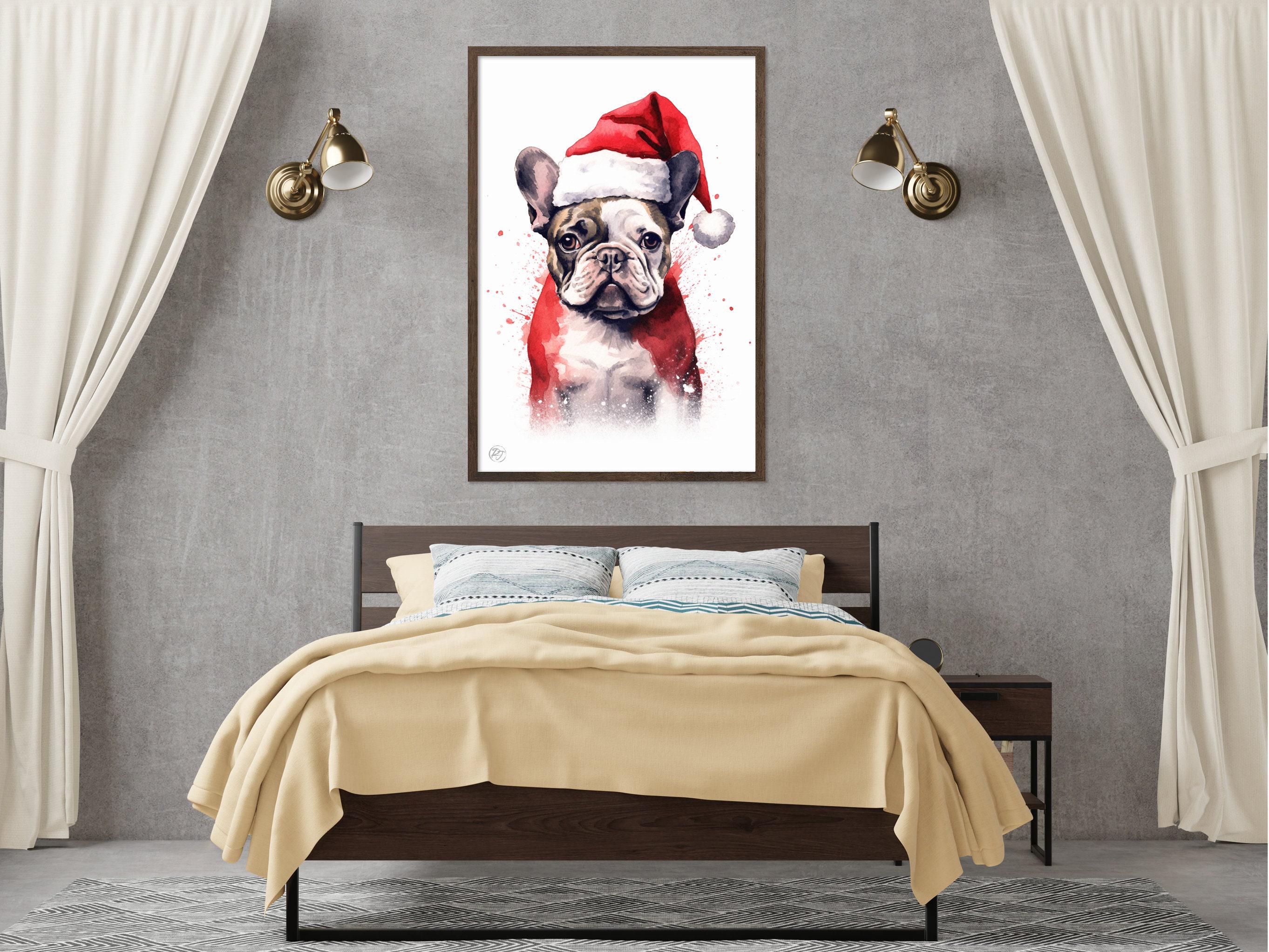 Christmas French Bulldog - Watercolor Frenchie Art, Giclee Print on Canvas, Artist Paper, Watercolor Paper, Available in Extra Large Sizes