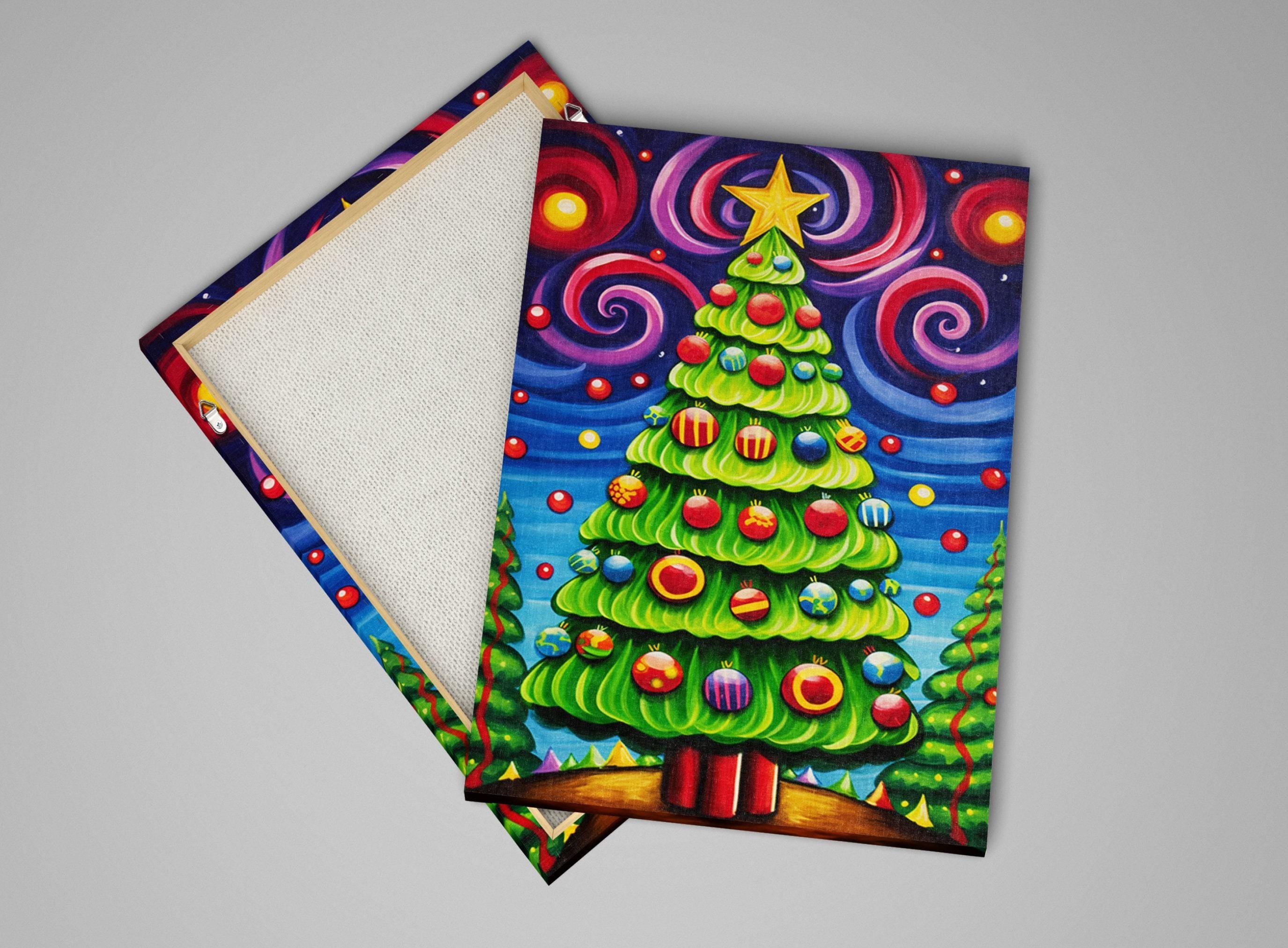 Christmas Canvas Art – Vibrant Color Burst Xmas Tree Painting on Gallery Wrapped Canvas