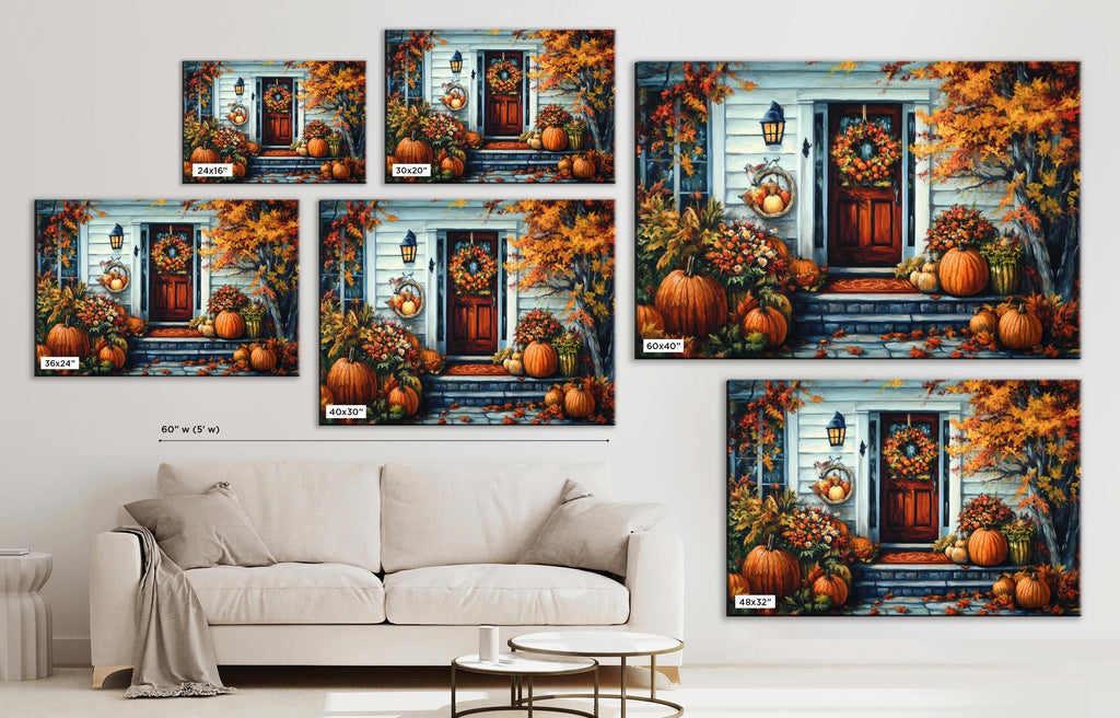 The image is a collage of five paintings depicting a front porch with a house, pumpkins, and fall foliage.