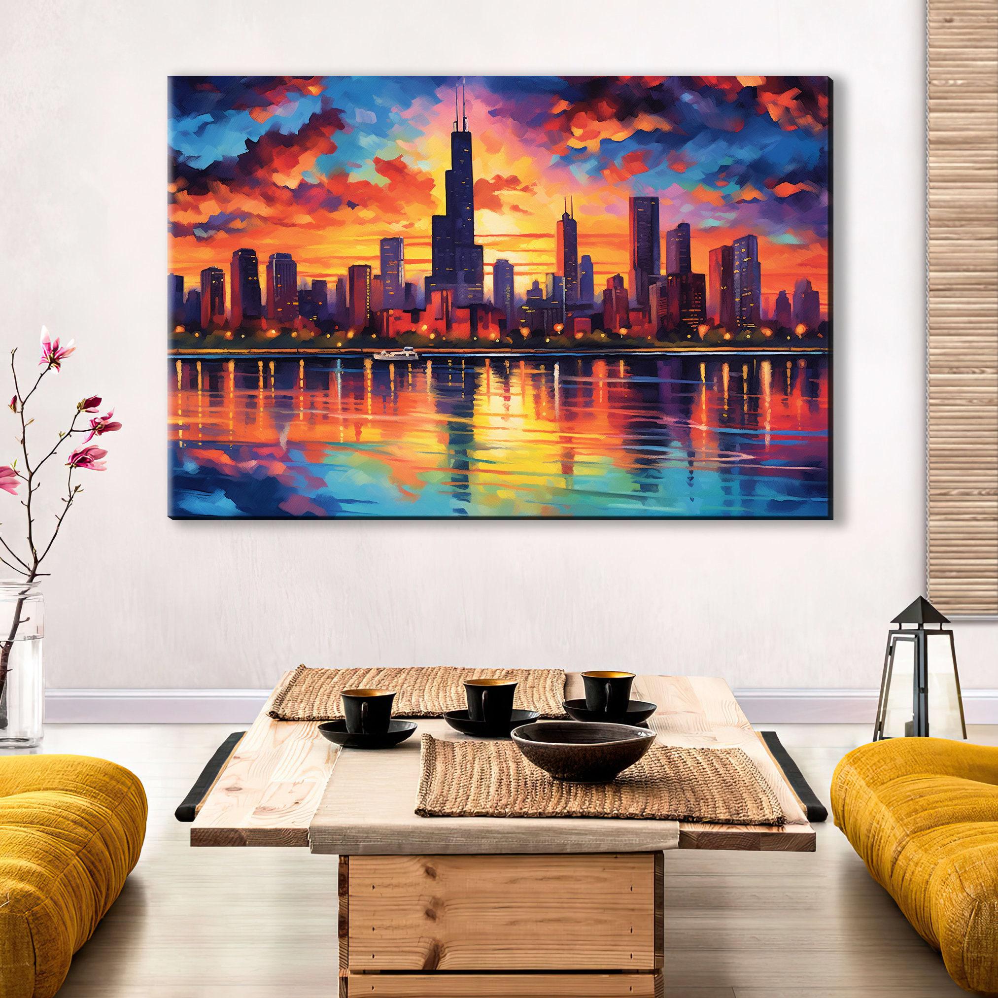 Chicago Skyline Canvas – Vibrant Cityscape Wall Art with Large Night Skyline Art