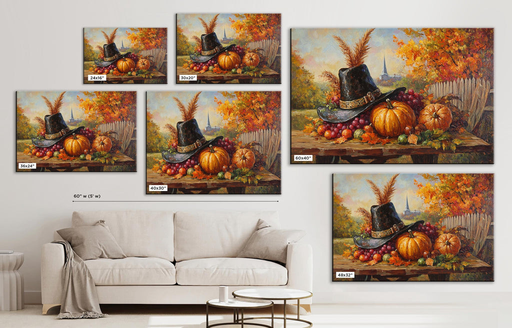 The image is a collage of six paintings depicting a festive autumn scene with pumpkins, gourds, and a black hat. The paintings are arranged on a wall, and there is a white couch in the foreground.