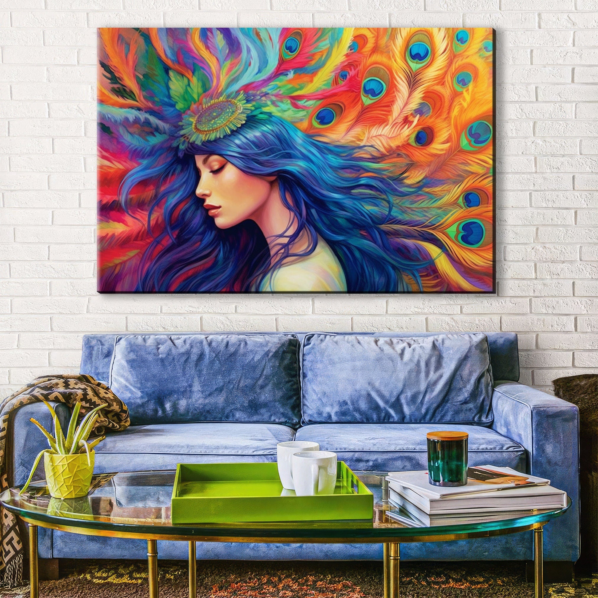 Peacock Feather Wall Art – Elegant Woman Portrait Canvas with Ornate Feather Headpiece