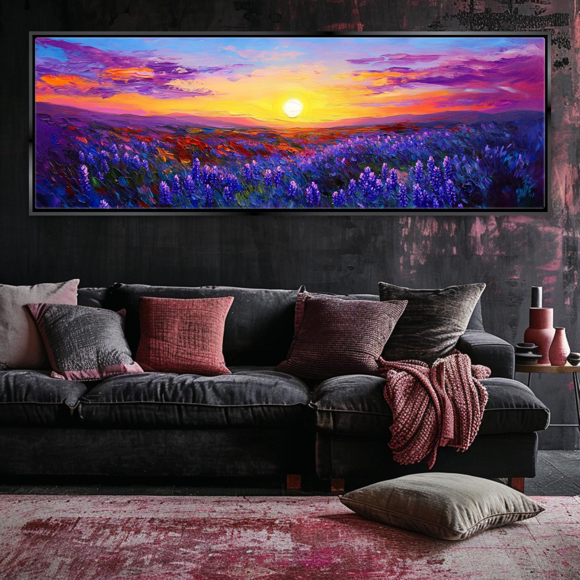 a living room with a couch and a painting on the wall
