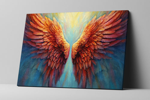 a vibrant painting of a pair of colorful, detailed wings with a gradient background.