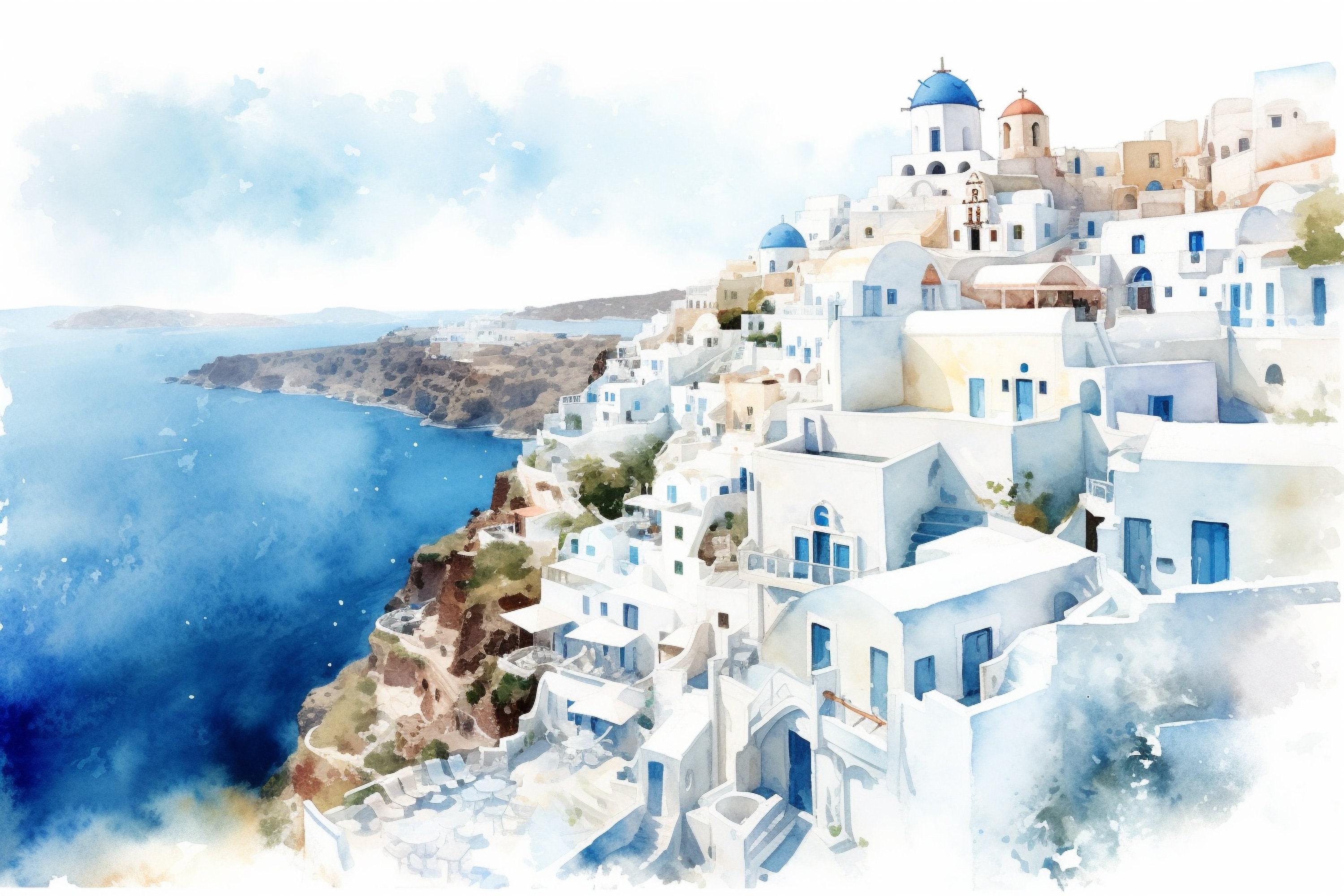 A watercolor painting depicting a picturesque coastal town with white buildings and blue domes overlooking the ocean.