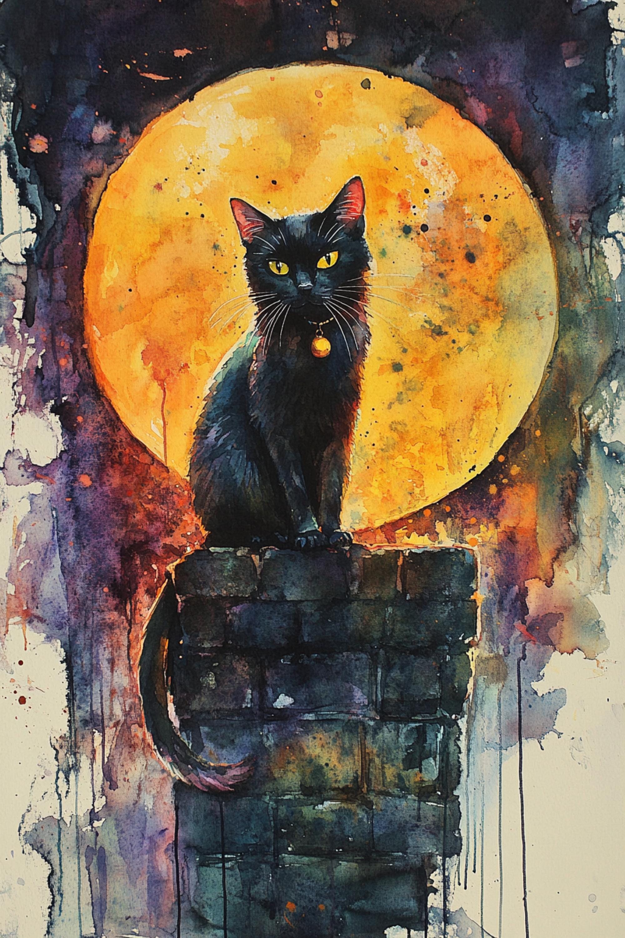 A black cat sits atop a brick chimney, gazing intently at the viewer against a backdrop of a large, glowing orange moon.