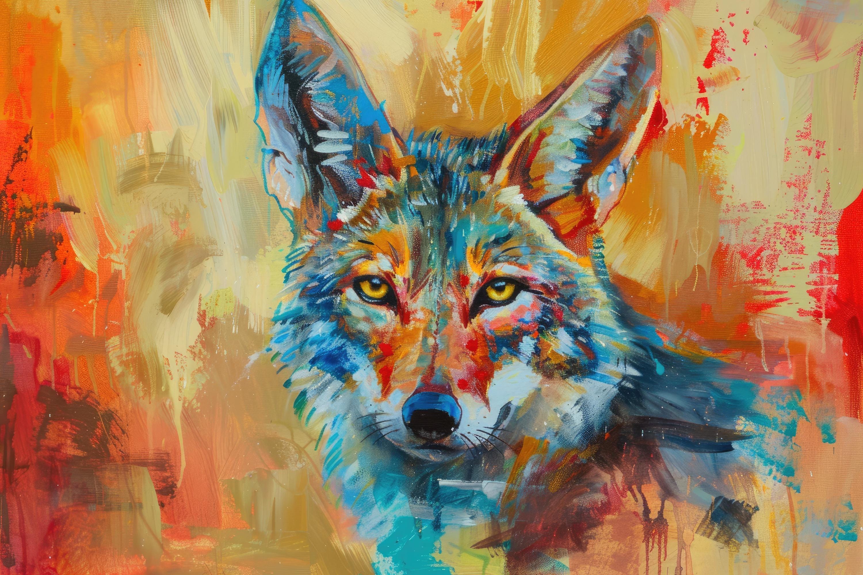 Colorful Coyote Wall Art | Modern Desert Coyote on Gallery Wrapped Canvas, Bold Wall Decor
