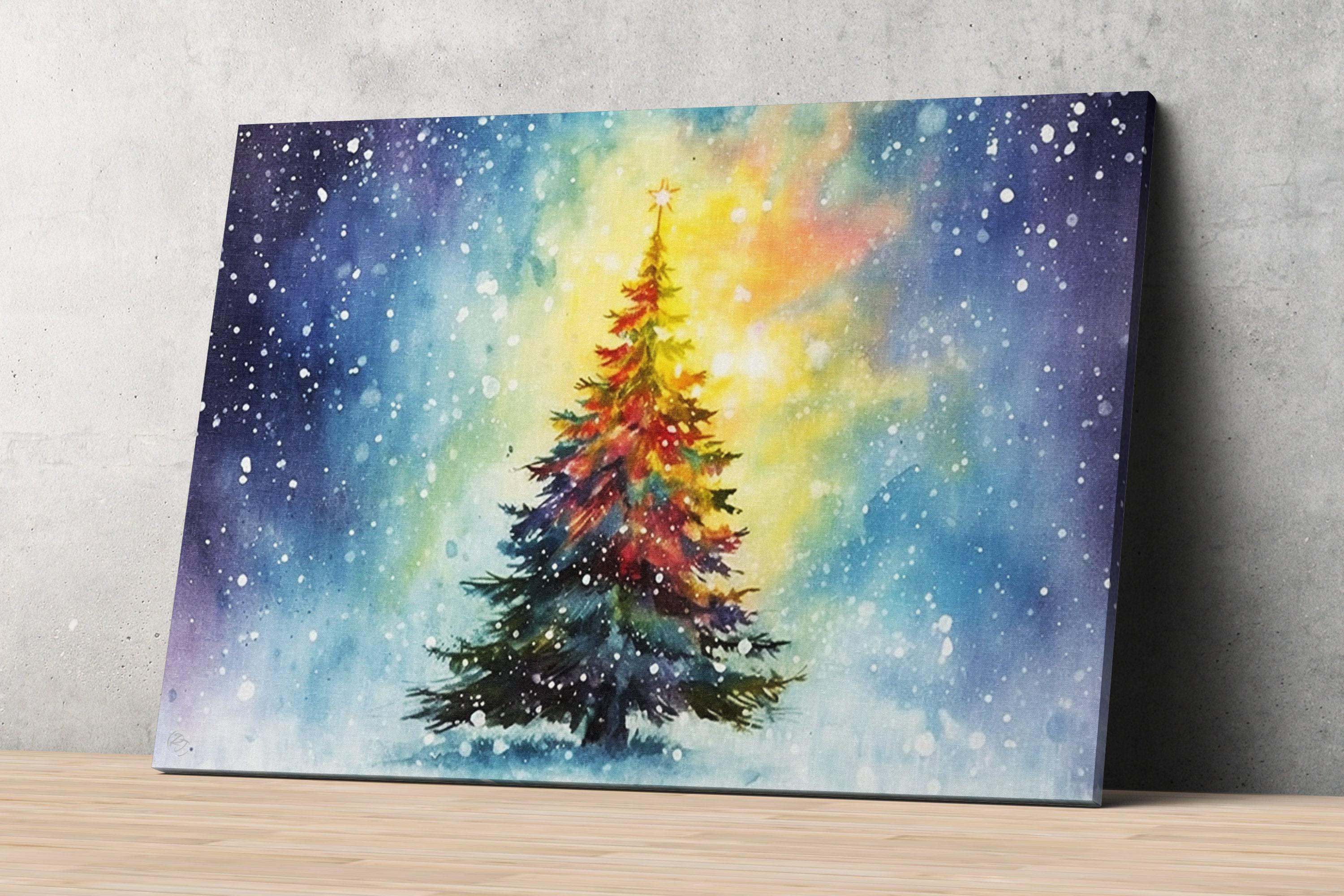 Joyful Holiday Tree Watercolor - Christmas Wall Art, Giclee Print on Canvas, Artist Paper, Watercolor Paper, Available in Extra Large Sizes