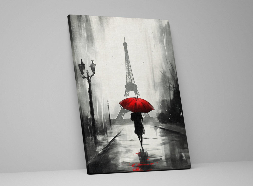 A black and white painting depicting a person walking with a red umbrella in front of the Eiffel Tower, with a street lamp and foggy atmosphere in the background.