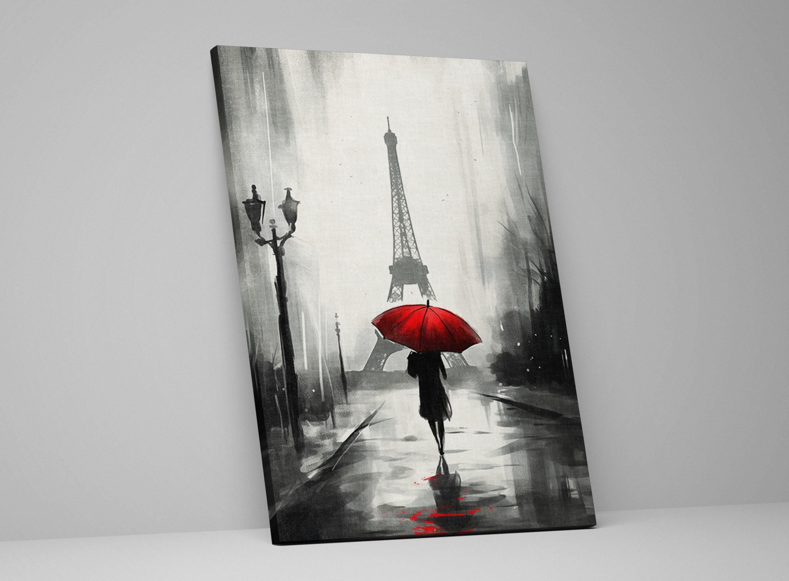 A black and white painting depicting a person walking with a red umbrella in front of the Eiffel Tower, with a street lamp and foggy atmosphere in the background.