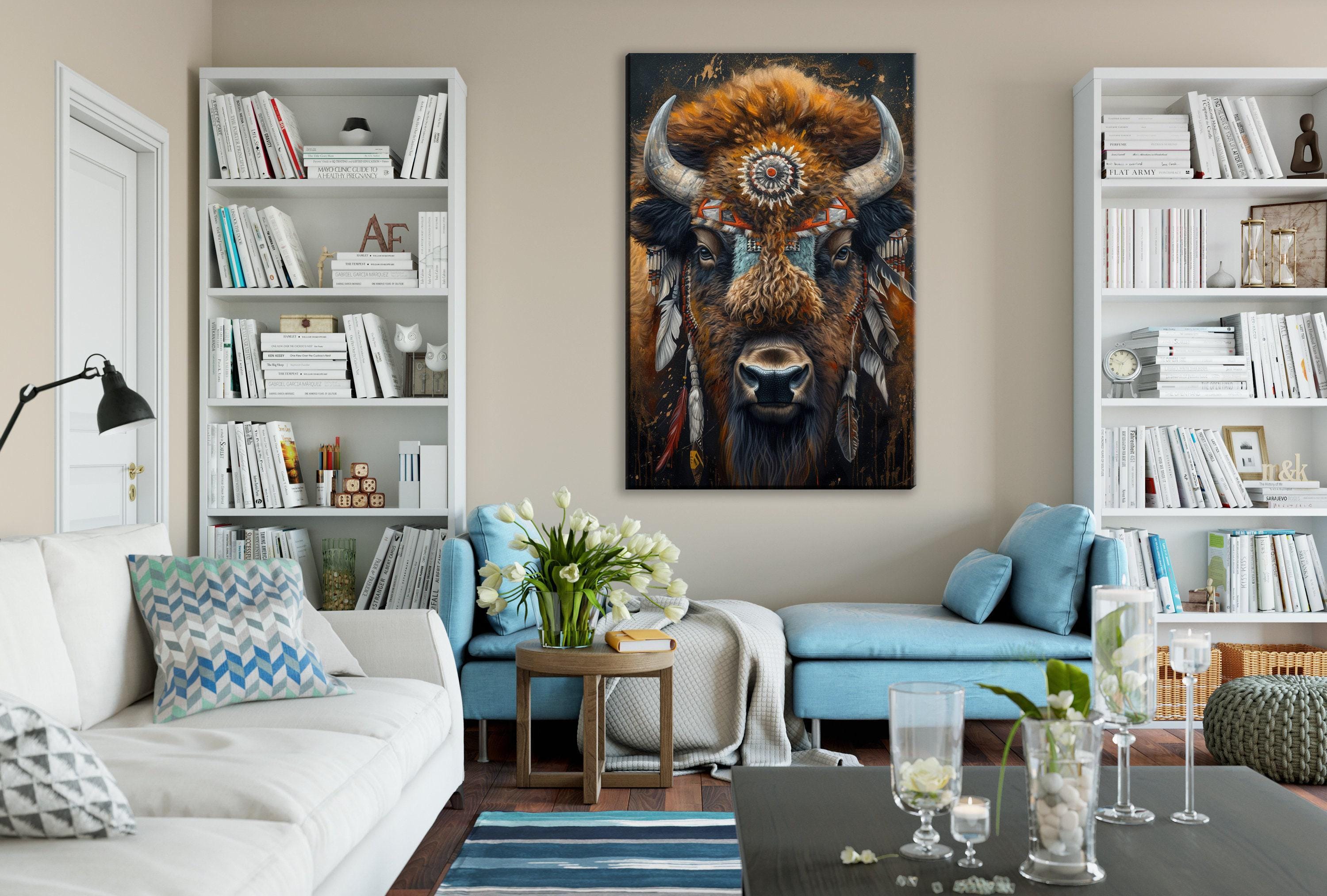 a cozy living room with a large buffalo head painting on the wall, surrounded by bookshelves filled with books and various decorative items.