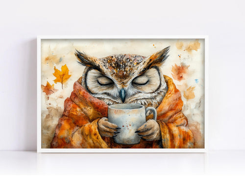 A painting of an owl wrapped in a blanket and holding a cup, with its eyes closed, against a background of autumn leaves.