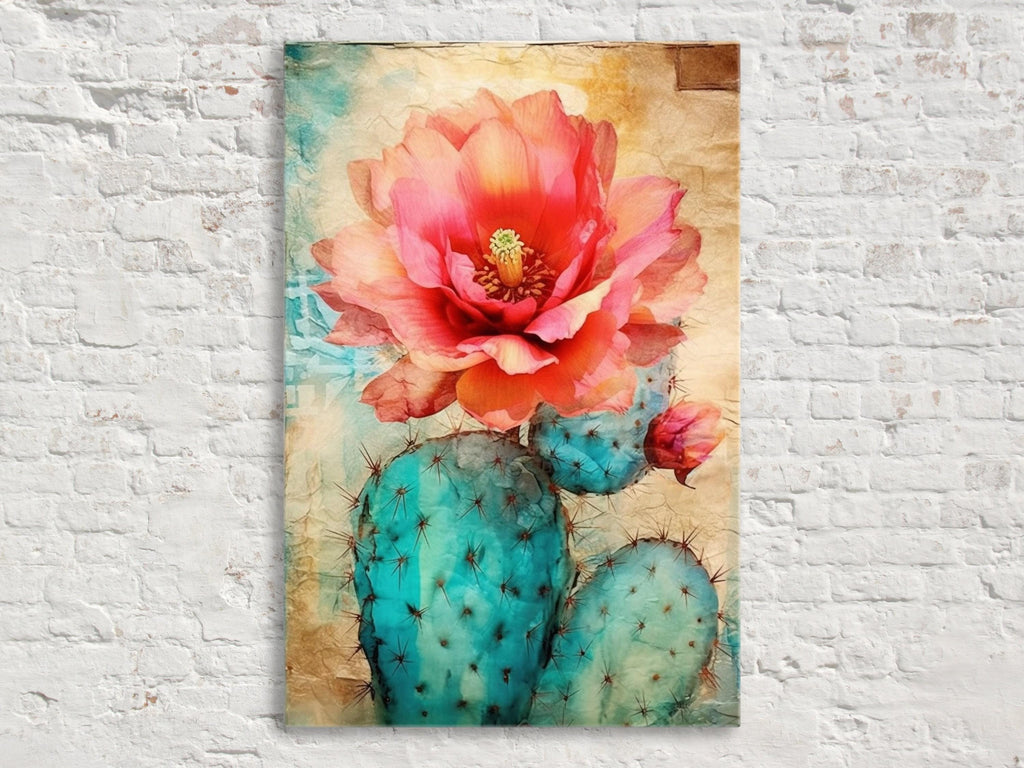 A vibrant, colorful painting of a cactus flower against a white brick wall background.