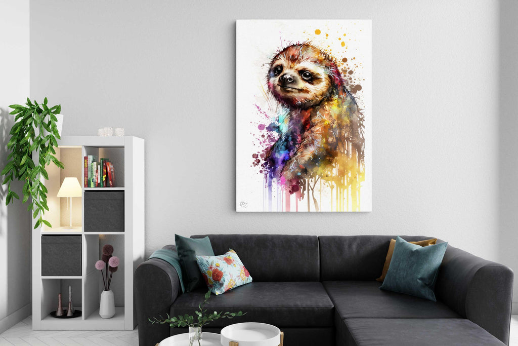 Sloth Watercolor Art Print, Nursery Animal Canvas Print, Cute Decor, Framed Kids Wall Art