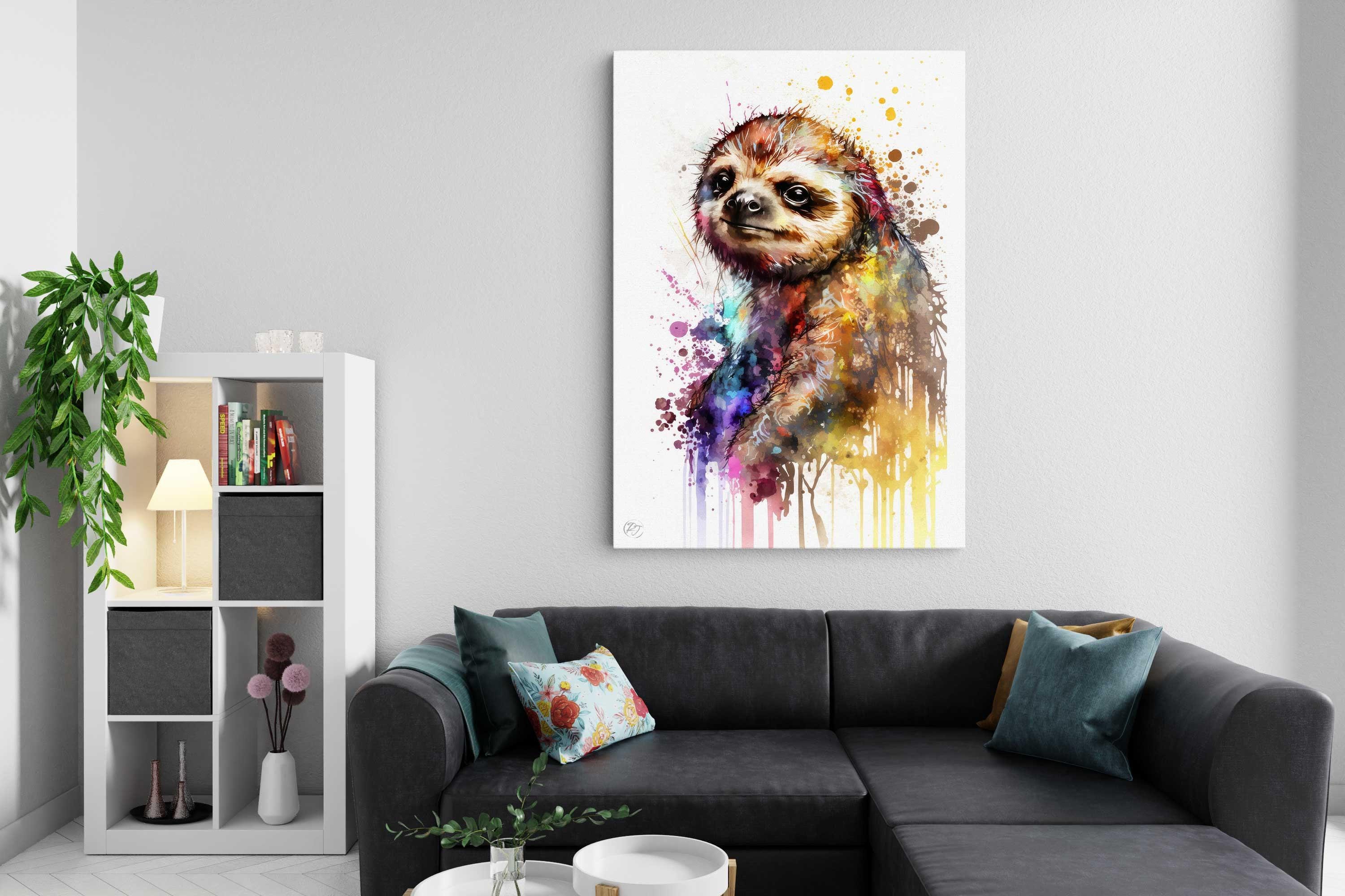 Sloth Watercolor Art Print, Nursery Animal Canvas Print, Cute Decor, Framed Kids Wall Art