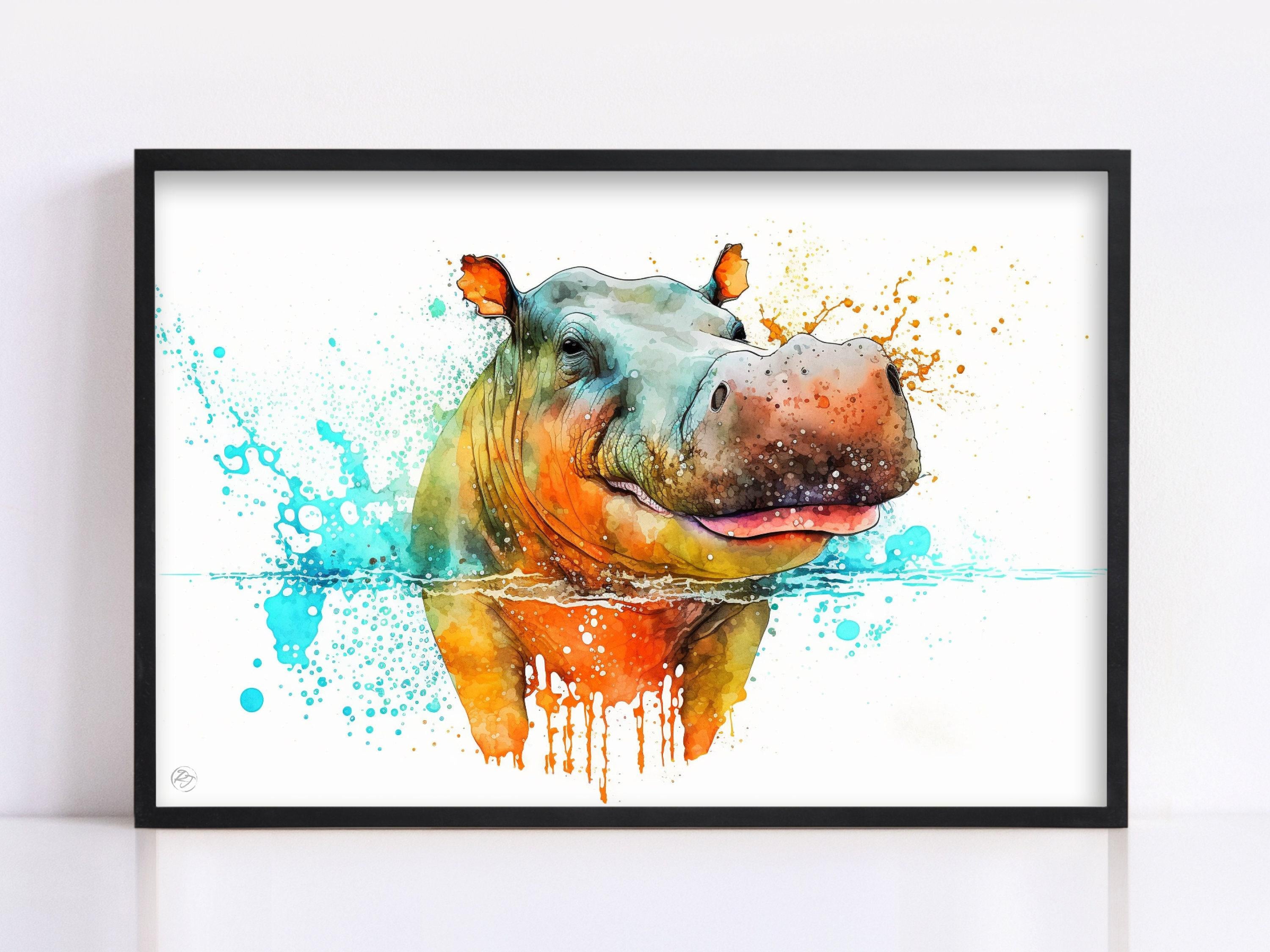 Hippopotamus Portrait: Watercolor Hippo Wall Decor, Giclee Print on Canvas, Artist Paper, Watercolor Paper, Available in Extra Large Sizes