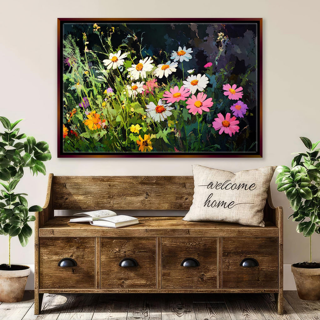 a painting of flowers on a wall above a bench