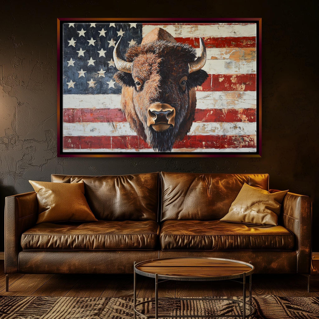 Patriotic Bison Canvas - Extra Large Framed Wall Art With American Flag