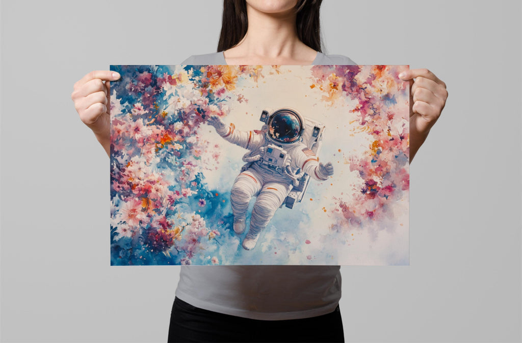 A woman holds up a framed print featuring an astronaut floating in a colorful, abstract floral scene.