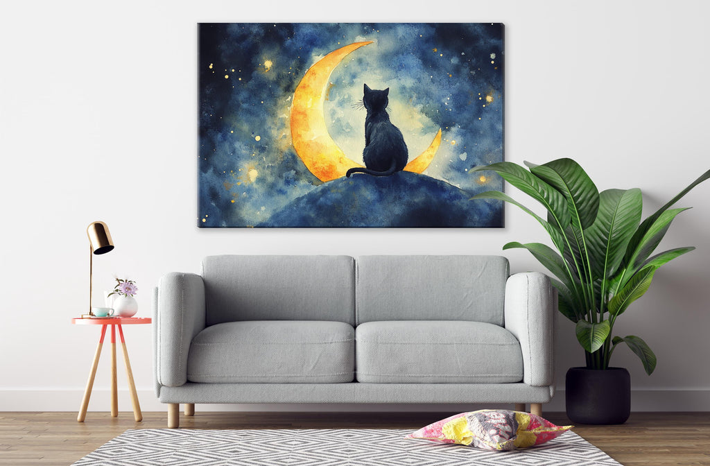 a gray sofa, a potted plant, a lamp, and a painting of a cat sitting on a crescent moon.
