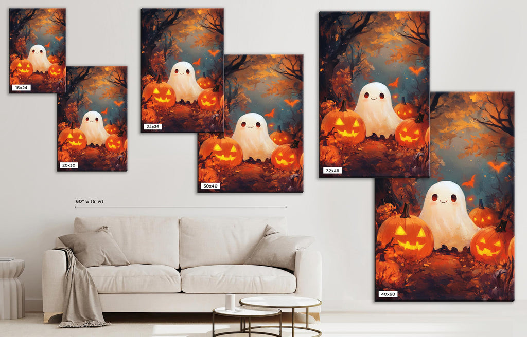 Cute Ghost Wall Art – Extra Large Halloween Canvas | Festive Pumpkin Painting