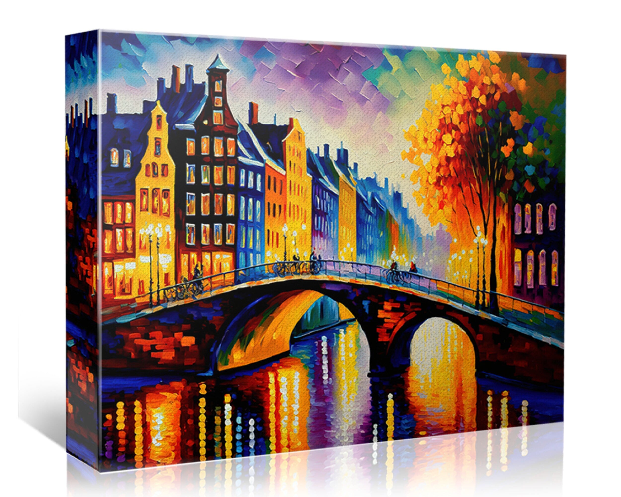Amsterdam Canvas Art – Bridges of Amsterdam Vibrant Cityscape Painting on Gallery Ready Canvas