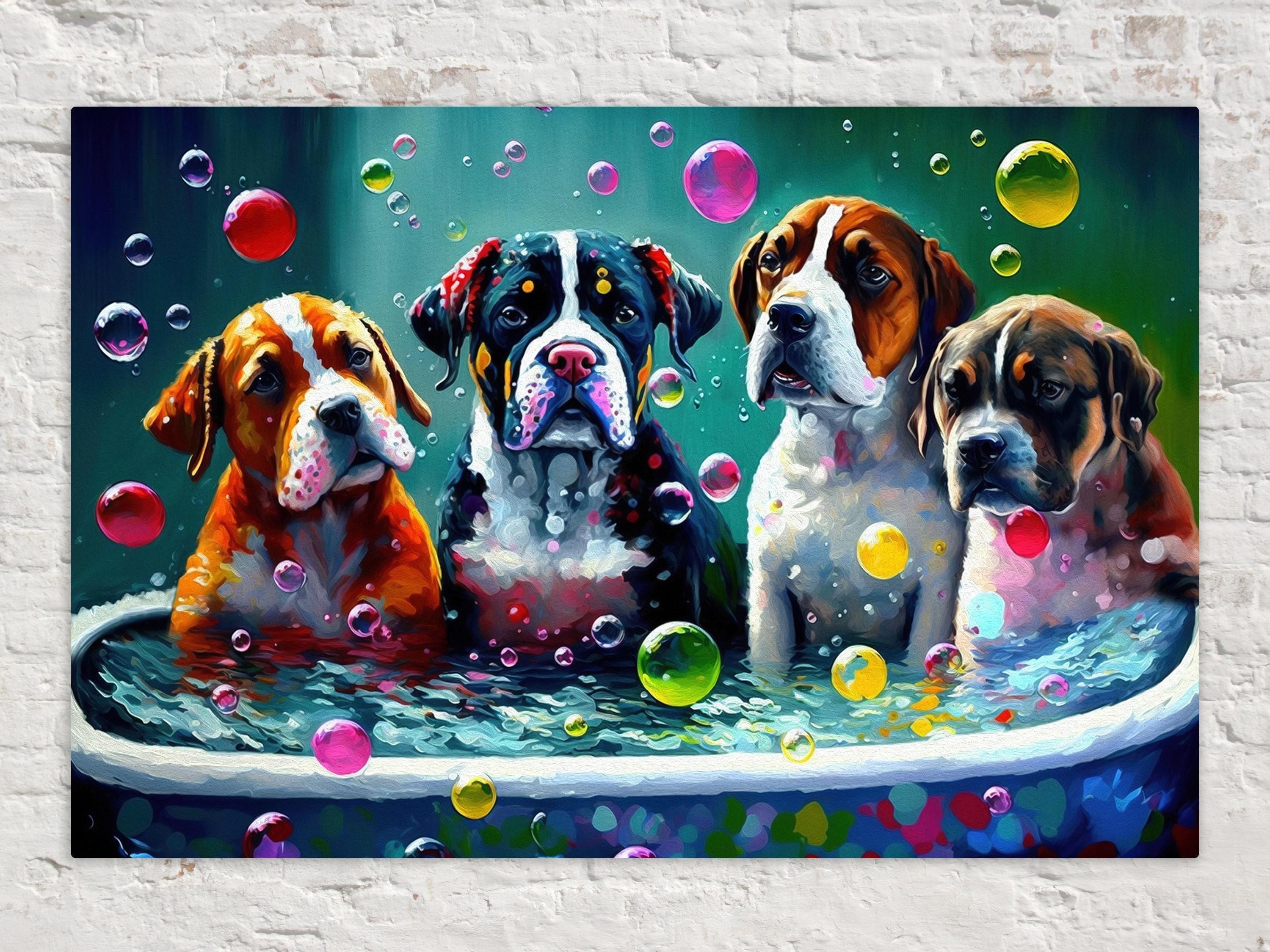 Dog Bath Canvas – Vibrant Colorful Dogs Playing Art on Gallery Ready Canvas