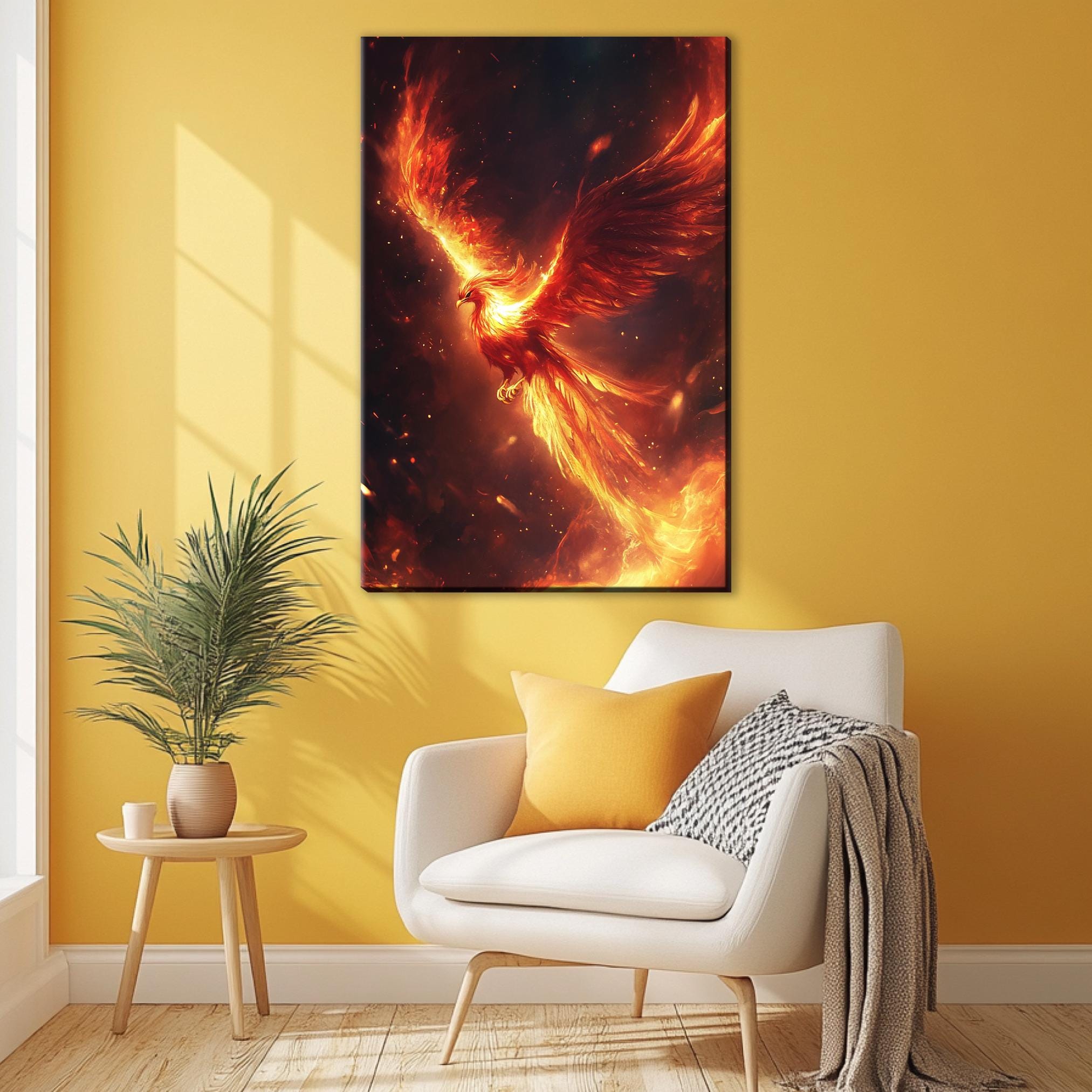 a living room with a white chair and a painting on the wall