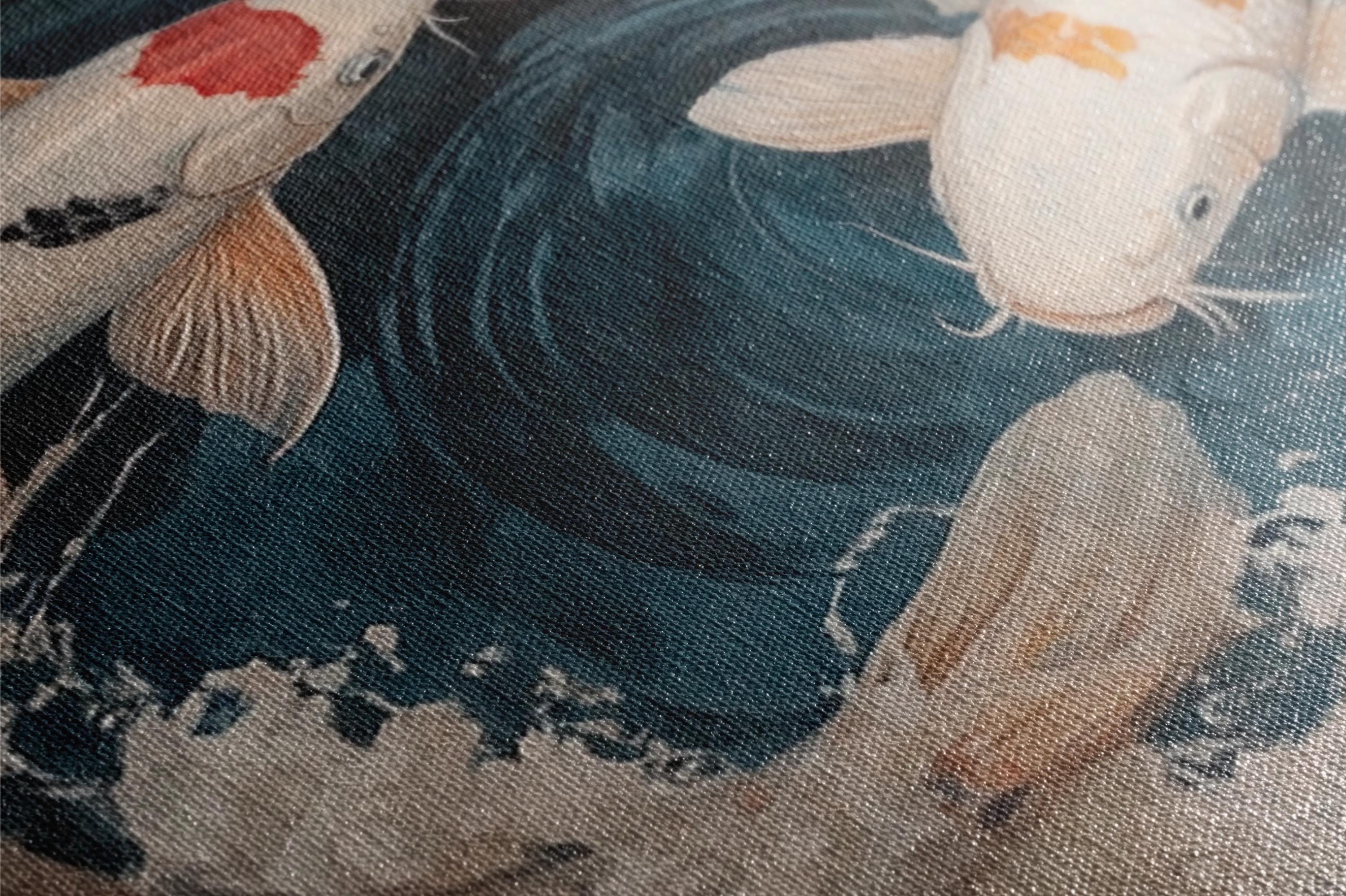 a painting of two goldfish in a pond of water