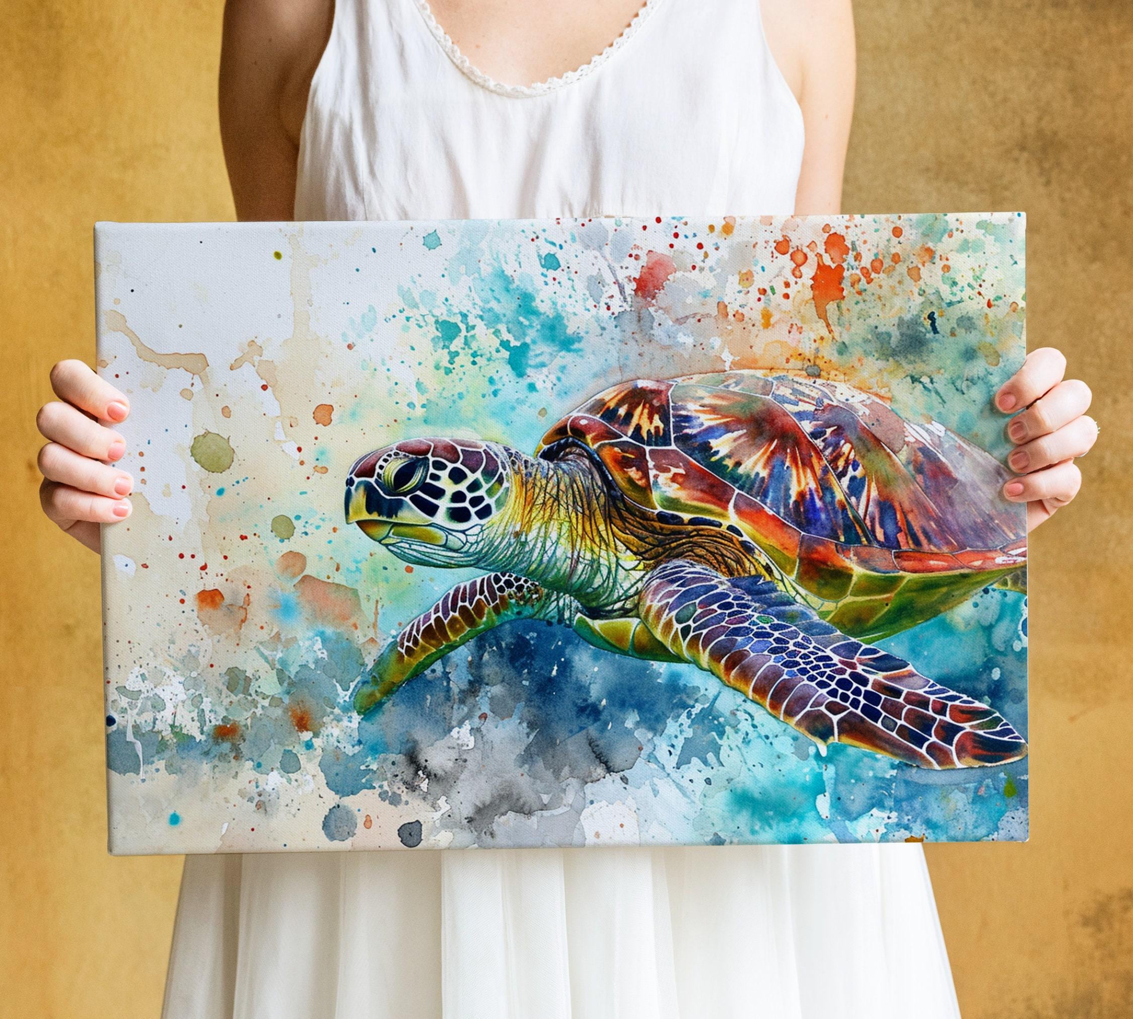 A person is holding a colorful painting of a sea turtle in their hands.