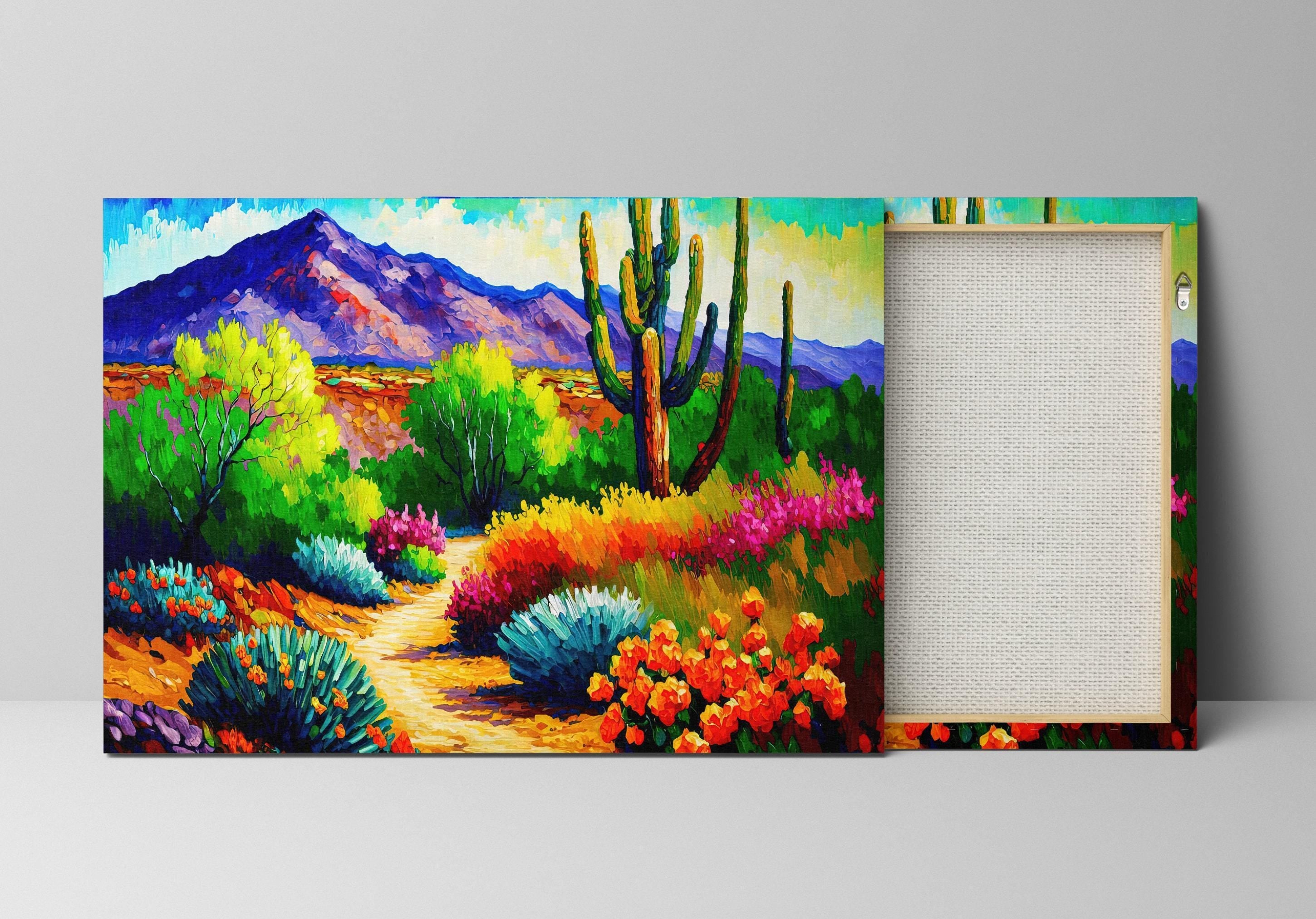 The image is a vibrant painting depicting a desert landscape with a winding path leading through a colorful array of flowers, cacti, and mountains in the background.