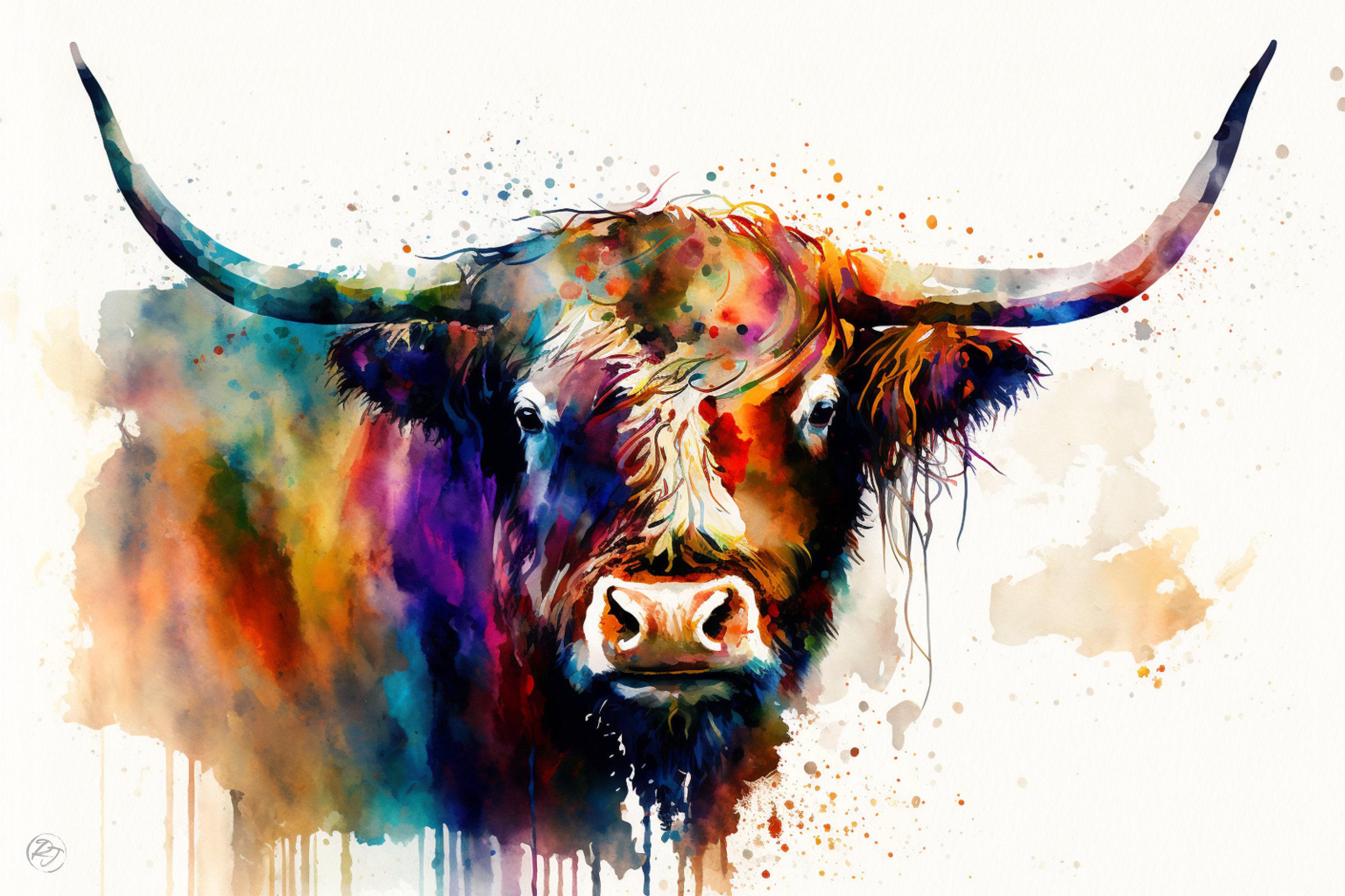 Highland Cow Portrait: Watercolor Highland Cattle Art, Giclee Canvas Print, Artist Paper, Watercolor Paper, Available in Extra Large Sizes