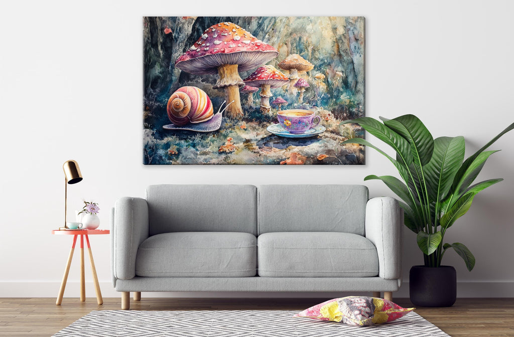 a cozy living room with a gray sofa, a small table with a lamp, and a large painting of colorful mushrooms and snails on the wall.