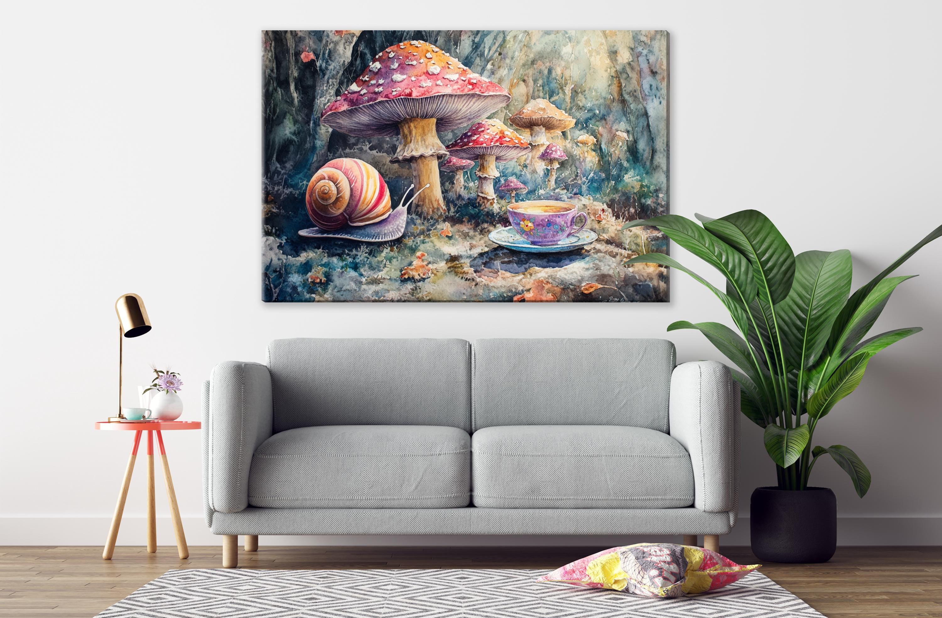 a cozy living room with a gray sofa, a small table with a lamp, and a large painting of colorful mushrooms and snails on the wall.