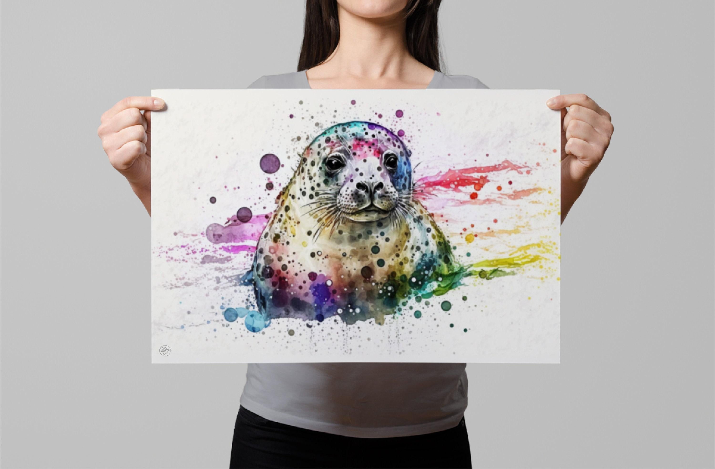 Marine Serenity: Seal Watercolor Painting, Giclee Print on Canvas, Artist Paper, Watercolor Paper, Available in Extra Large Sizes