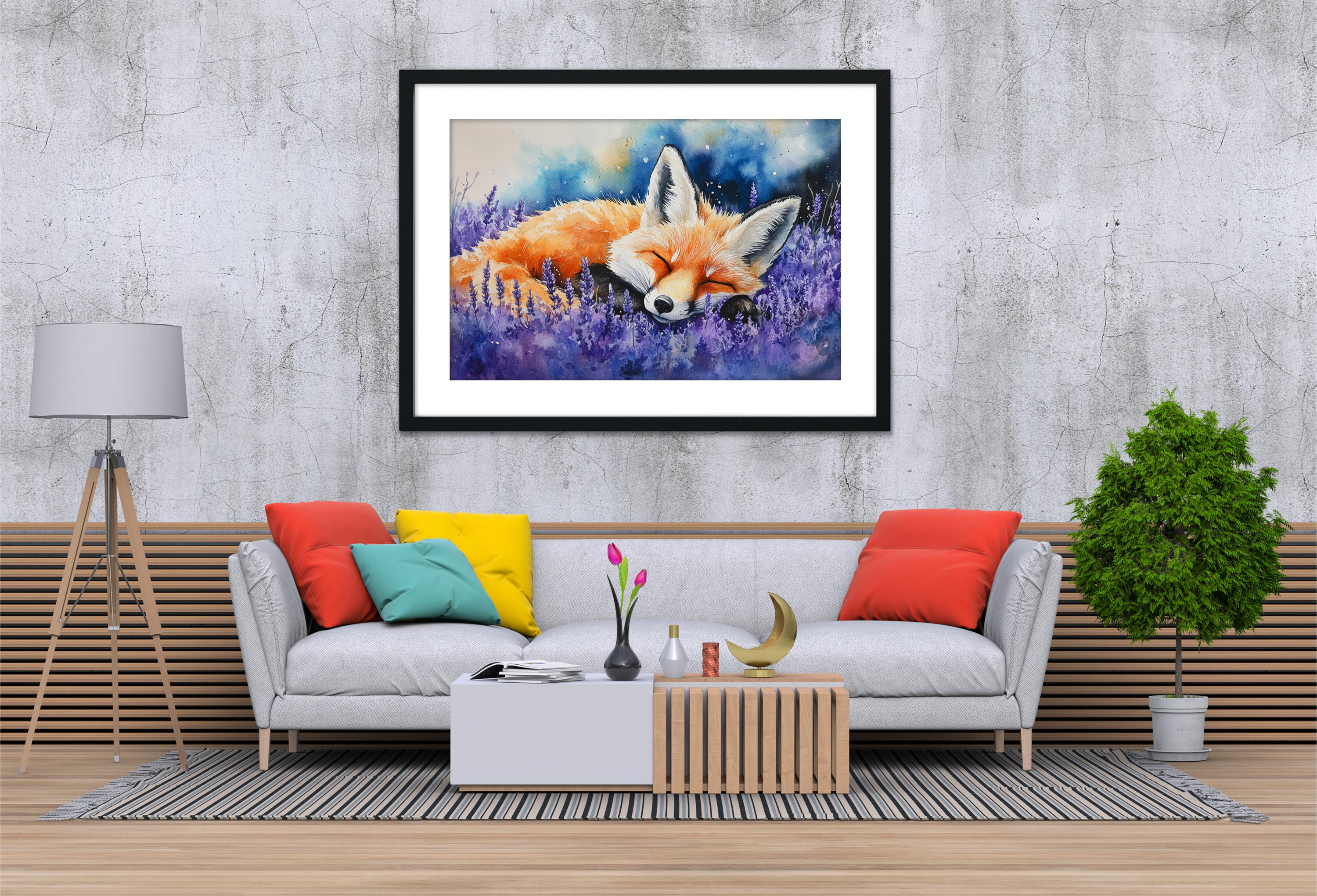 a cozy living room with a gray sofa adorned with colorful pillows, a wooden coffee table, and a framed painting of a sleeping fox in a field of purple flowers hanging on the wall above the sofa.