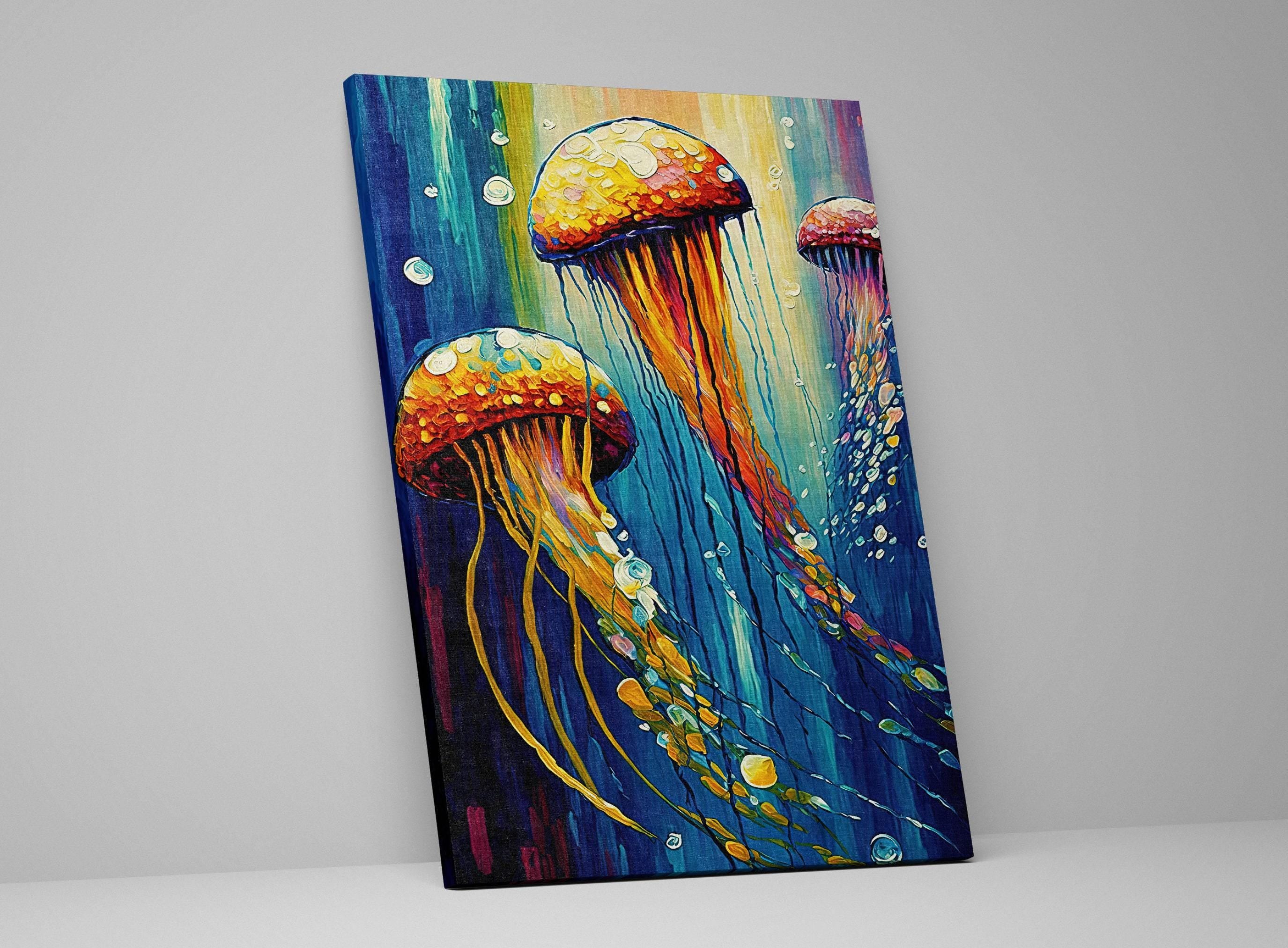 Jellyfish Art Print – Vibrant Trio Jellyfish Painting on Underwater Canvas