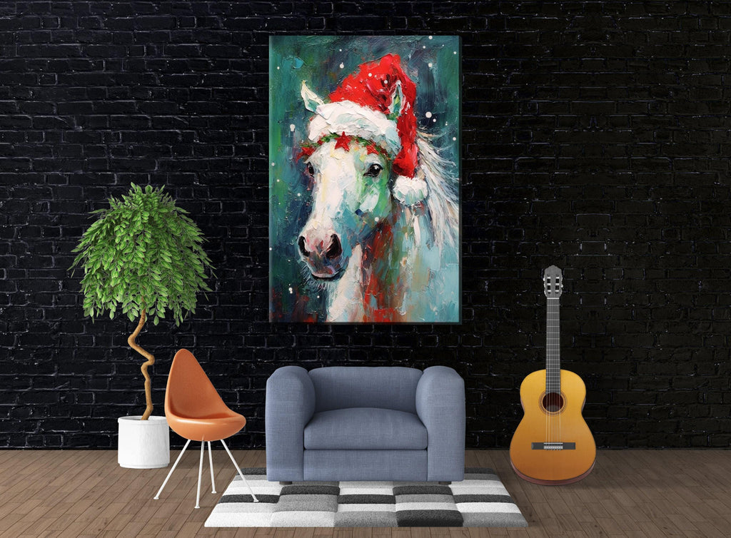 Horse Christmas Canvas - Festive Horse Painting on Gallery Wrapped Canvas for Holiday Home Decor