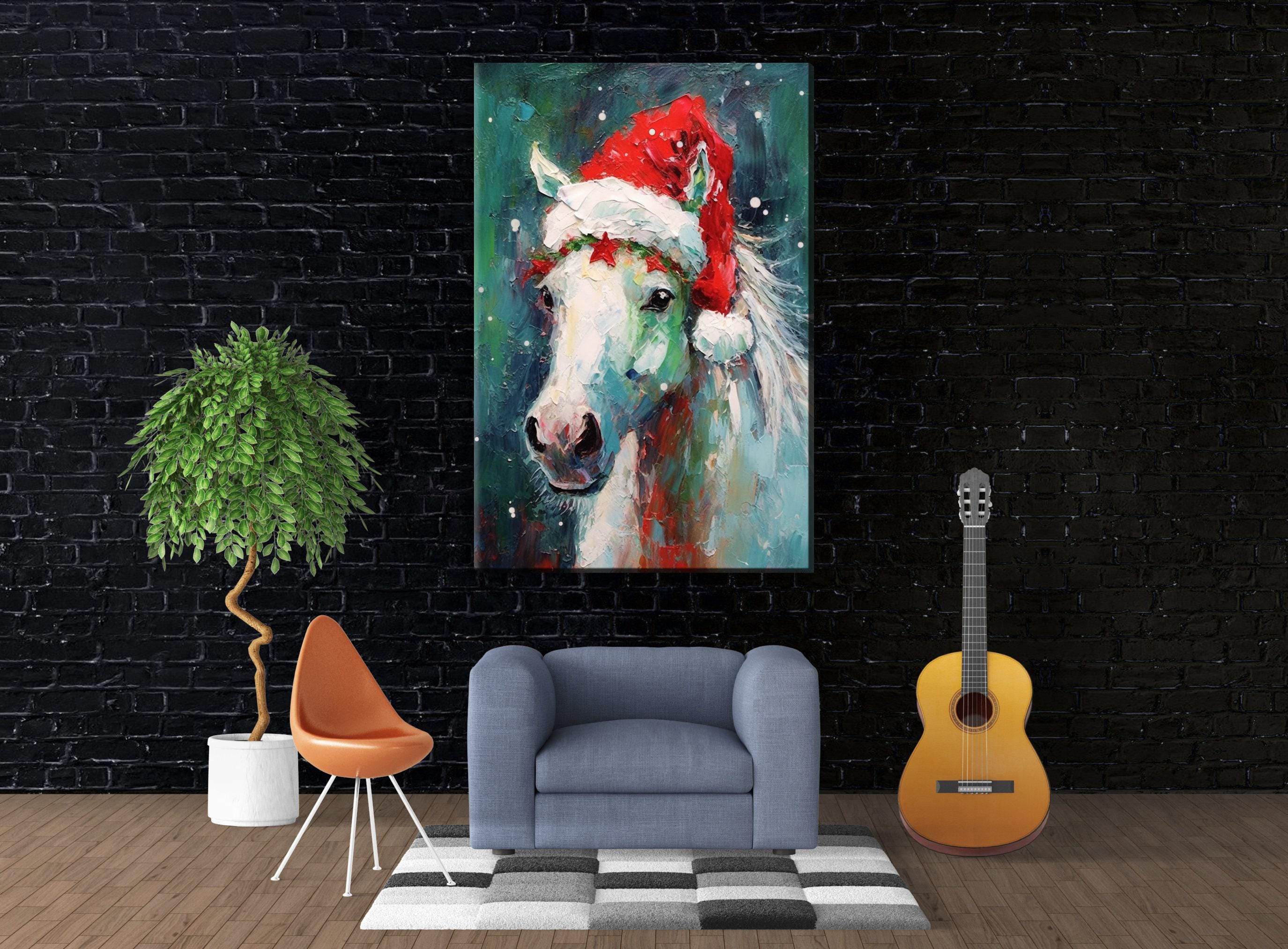 Horse Christmas Canvas - Festive Horse Painting on Gallery Wrapped Canvas for Holiday Home Decor