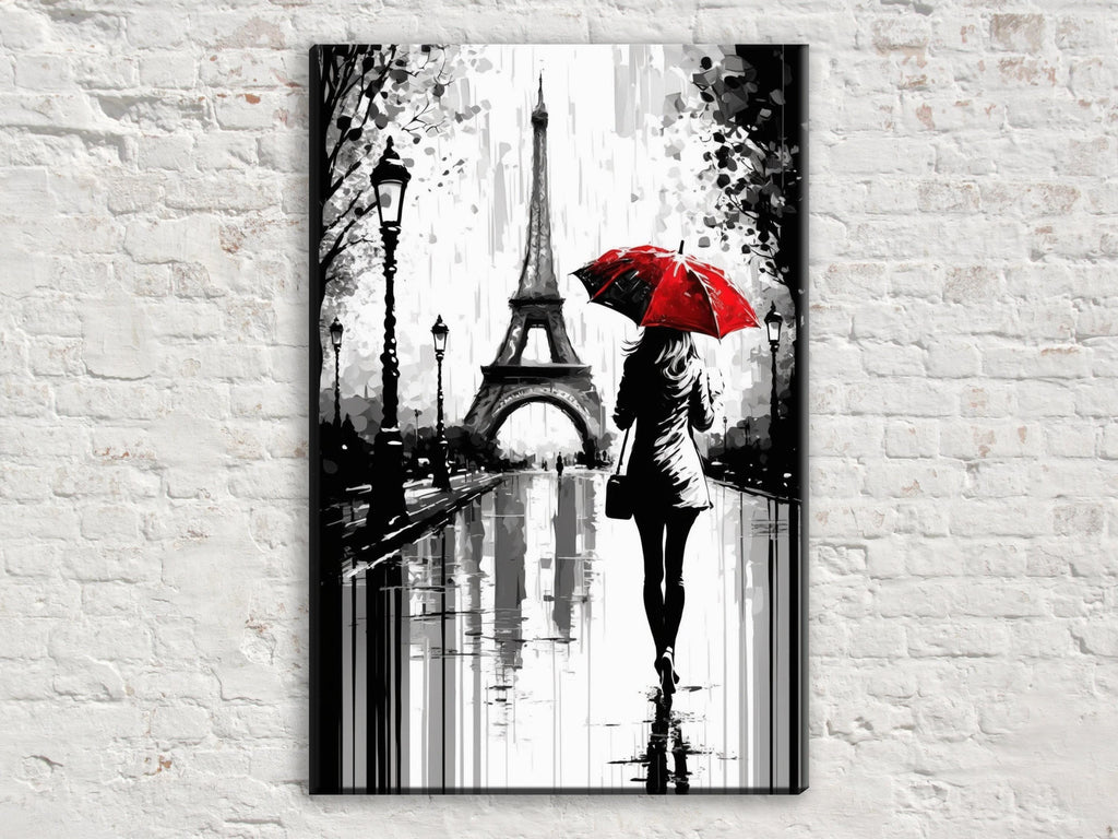 Paris Street Canvas – Woman with Red Umbrella | Black and White Art with Touch of Red
