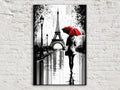 Paris Street Canvas – Woman with Red Umbrella | Black and White Art with Touch of Red